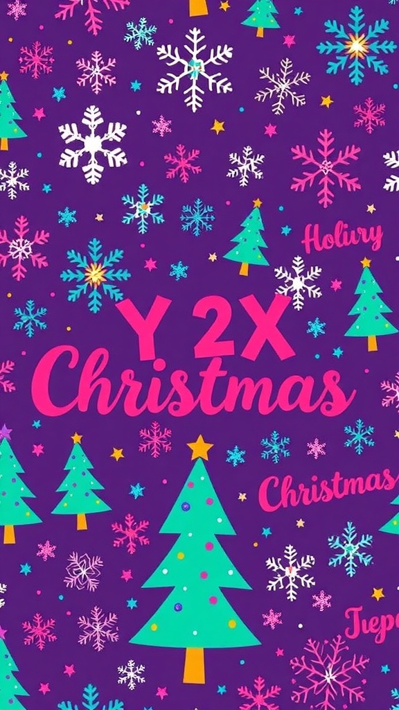 Y2K Christmas wallpaper with colorful patterns of snowflakes and trees, capturing a nostalgic festive aesthetic.